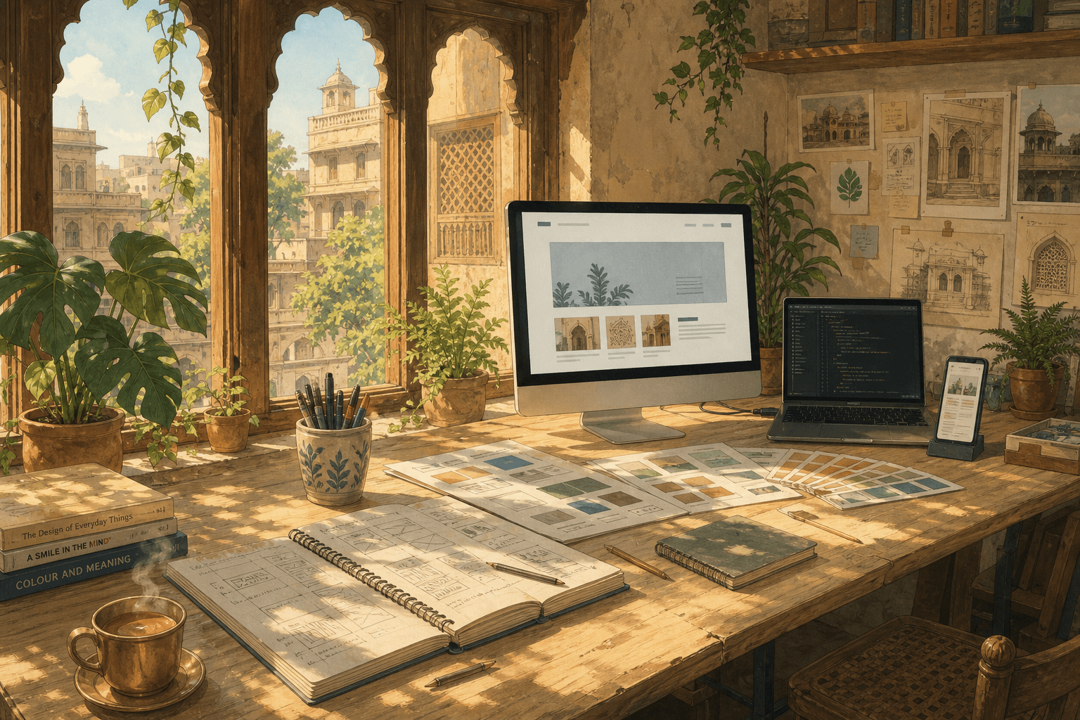 Illustration of a sunlit Ahmedabad studio desk with sketched wireframes, colour swatches, a website layout on screen and code on a laptop